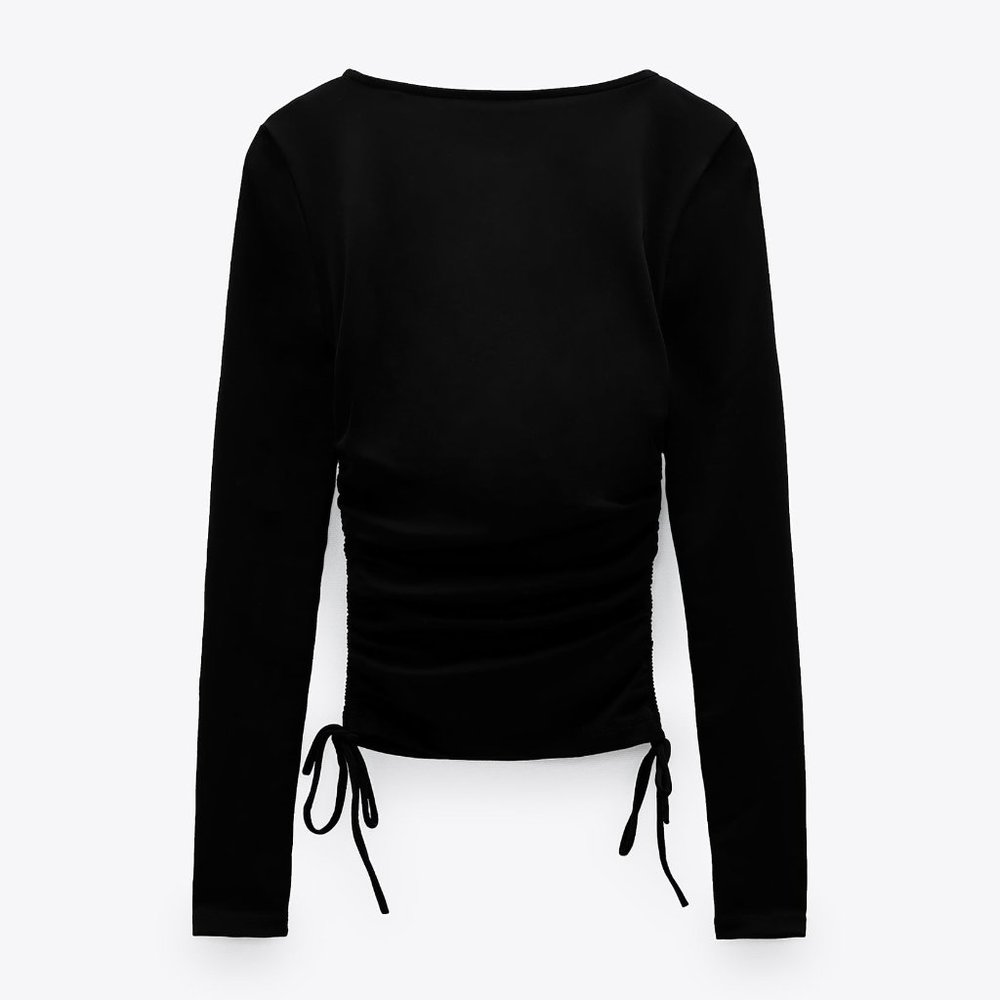 Zara Black Square Neck Ruched Gathered Sides Long Sleeve Crop Top SZ S N… - Picture 4 of 11
